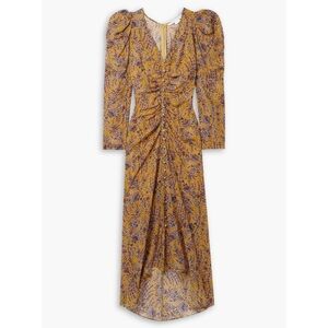 Veronica Beard Ferrara Ruched Printed Silk-Crepe Maxi Dress in Saffron Multi